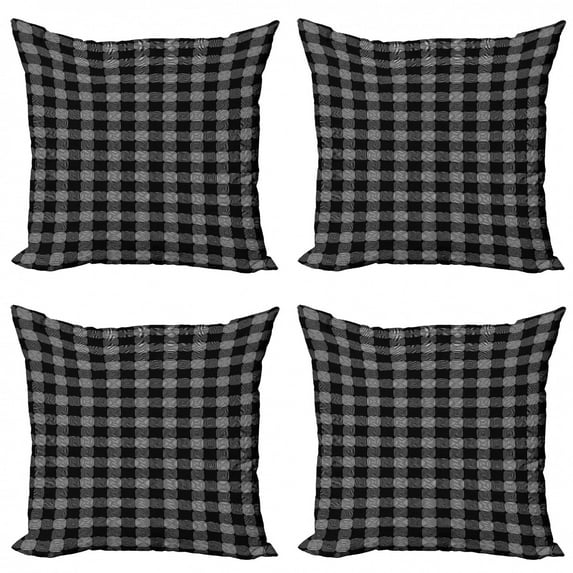 Abstract Geometry Throw Pillow Cushion Case Pack of 4, Repeating Square Circles Curved Edges Symmetry Illustration, Modern Accent Double-Sided Print, 4 Sizes, Charcoal Grey and White, by Ambesonne