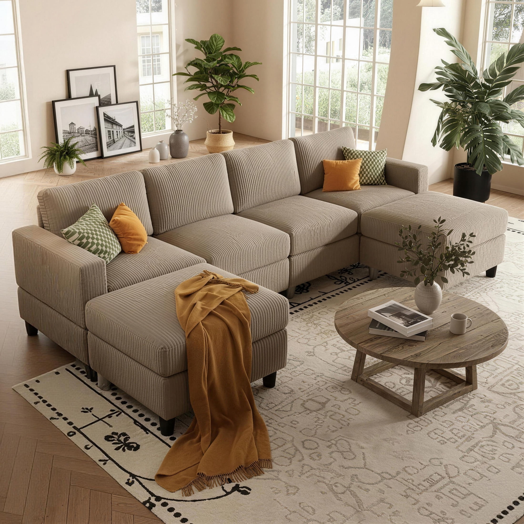 Aukfa 101" Corduroy U-Shaped Sectional Sofa with 2 Ottomans, 6-Seater Cloud Couch, Camel