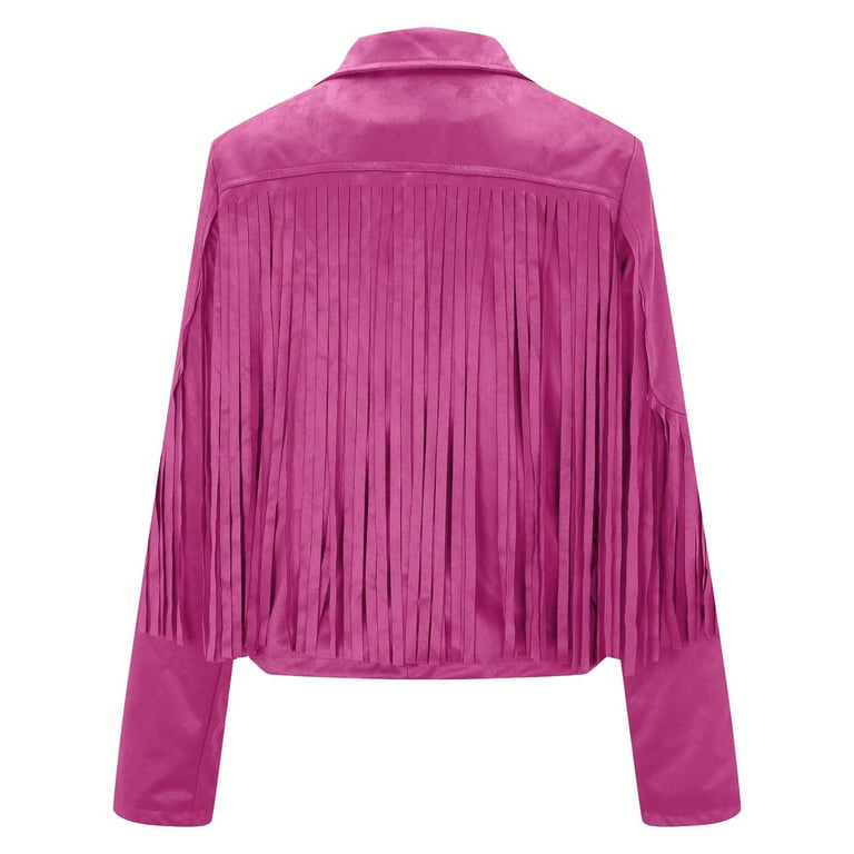HAPIMO Women's Cropped Fringe Jacket Faux Suede Leather Long