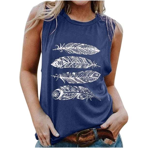 Camiseta sin mangas con estampado de plumas para mujer, blusa sin mangas gráfica divertida para playa de verano para niñas adultas Pompotops lopia991160