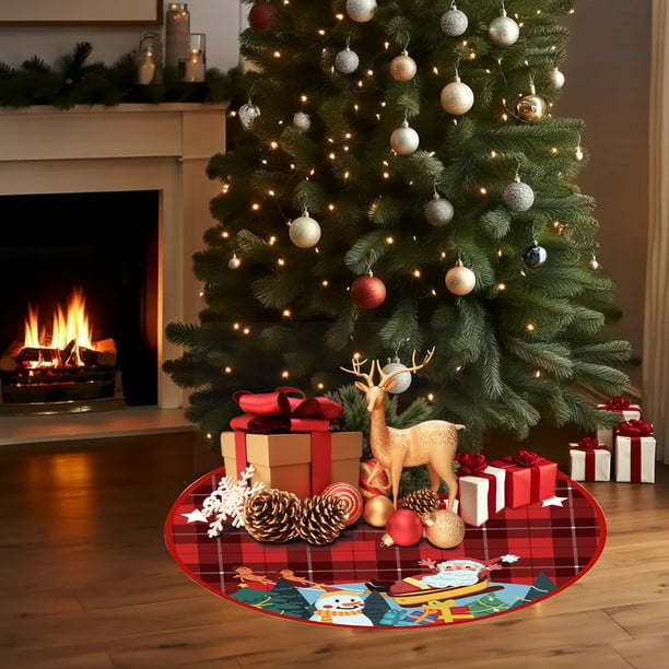 CaiYueKe Christmas Tree Skirt, 47 Inch Rustic Tree Skirt Ornaments Buffalo Plaid Xmas Tree Skirt Mat with Santa Snowman Deer Pattern for Decorations Holiday Party Indoor Outdoor