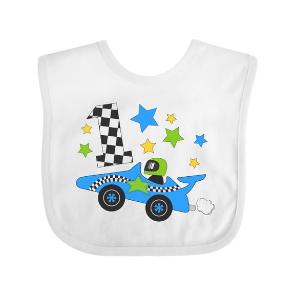 Inktastic Happy 1st Birthday Blue Racing Car Boys or Girls Baby Bib