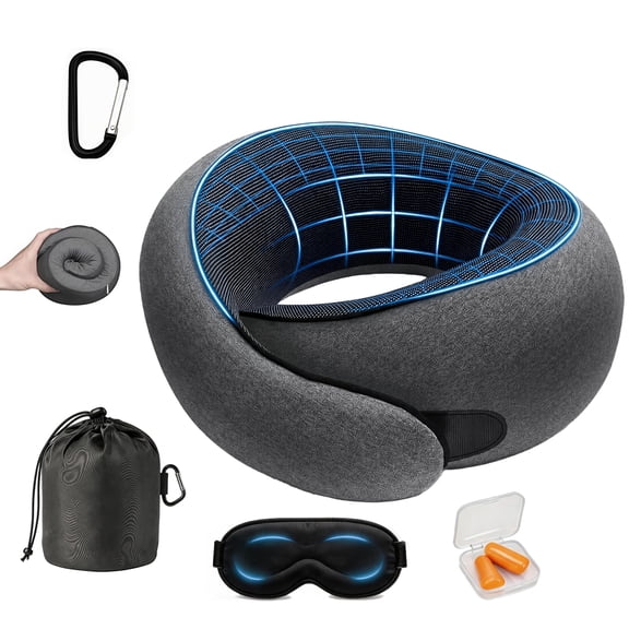 Travel Pillow 2026 Upgraded Neck Pillow Airplane,100% Pure Memory Foam Neck Pillow for Plane, Office, Cars Sleeping, Road Trip, Long Flights,Includes Eye Mask & Earplugs