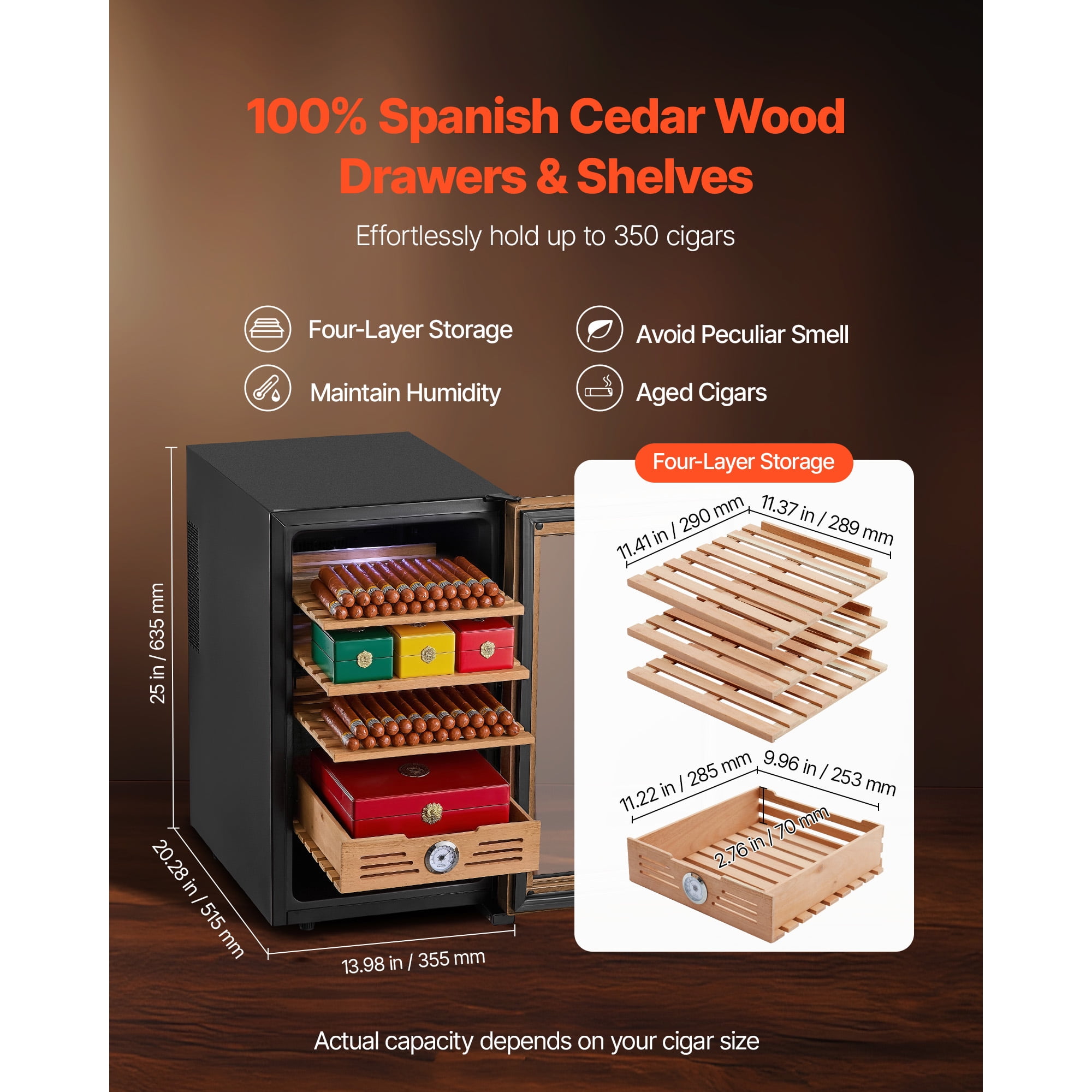 KFFKFF Electric Humidor Cabinet, 48L Capacity, Holds Up to 350 Cigars, Features Cooling Temperature Control, Spanish Cedar Shelves and Drawers, Mechanical Hygrometer, Four-Tier Design