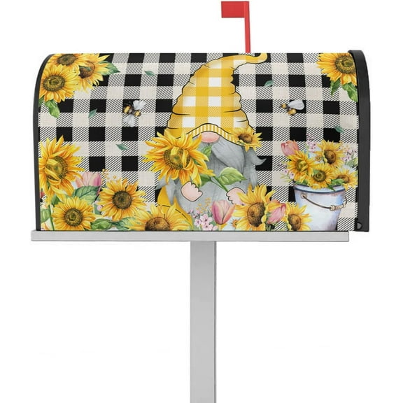 Sunflower Gnome Magnetic Mailbox Cover - Cute Farm Sunflower Bees Flowers Vintage Black Plaid Mailbox Covers Standard Size 21x18inch Polyester Mailbox Wraps Cover For Home Garden Outdoor Decoration