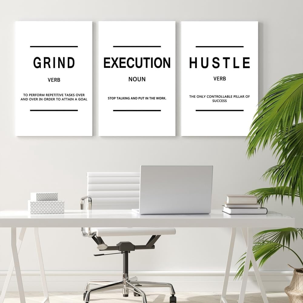 Black and White Framed Canvas Inspirational Painting Wall Art Grind Hustle Execution Motivational Wall Art Decoration Posters Prints for Living Room Bedroom Office Decor Ready to Hang 12"x16"