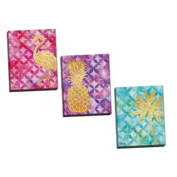 Tropical Watercolor-Style Pineapple, Flamingo and Palm Tree Patterned Set; Three 11x14in Hand-Stretched Canvases