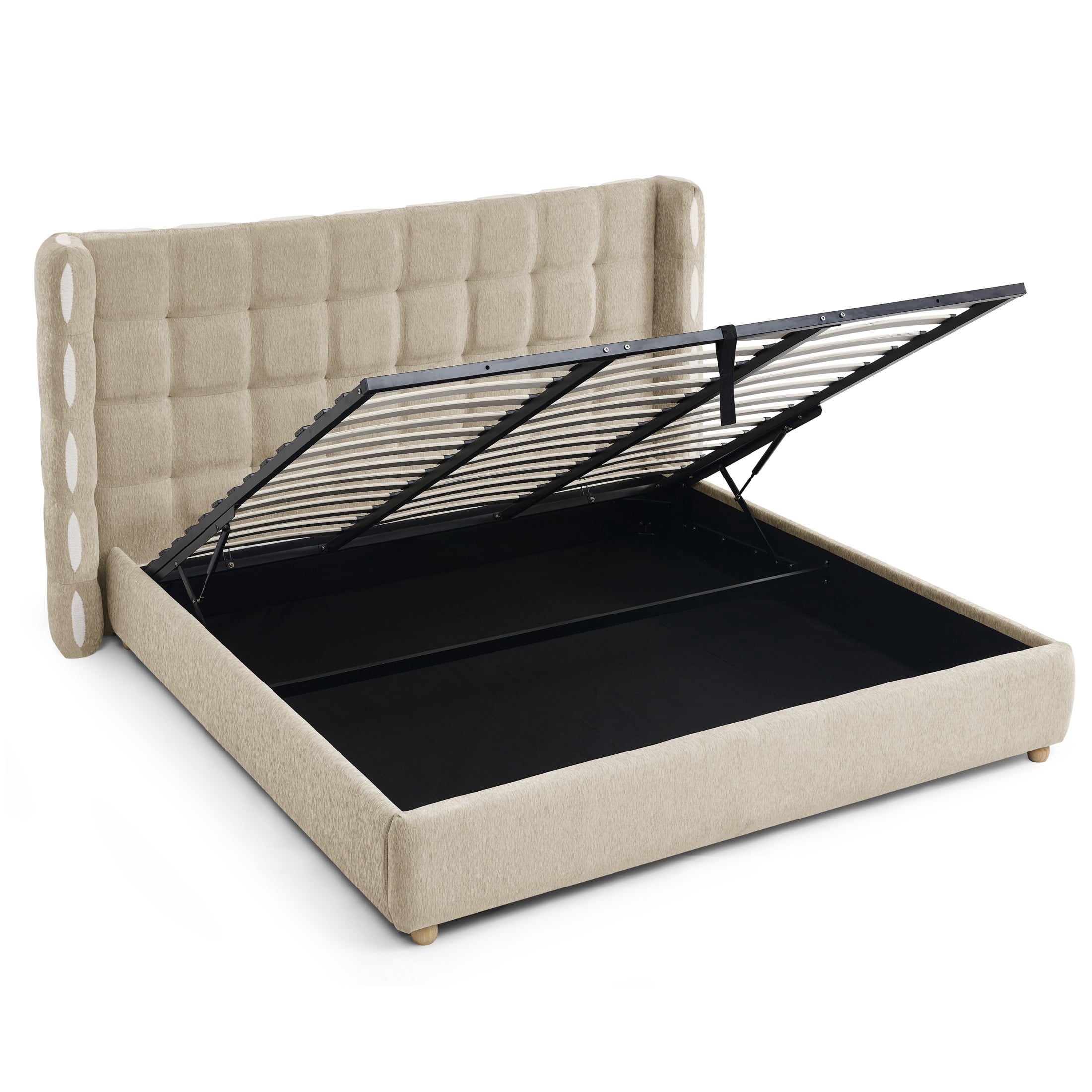 Noble House Elite King Size Upholstered Platform Bed with Removable Chenille Wingback and Under-Bed Storage, Khaki