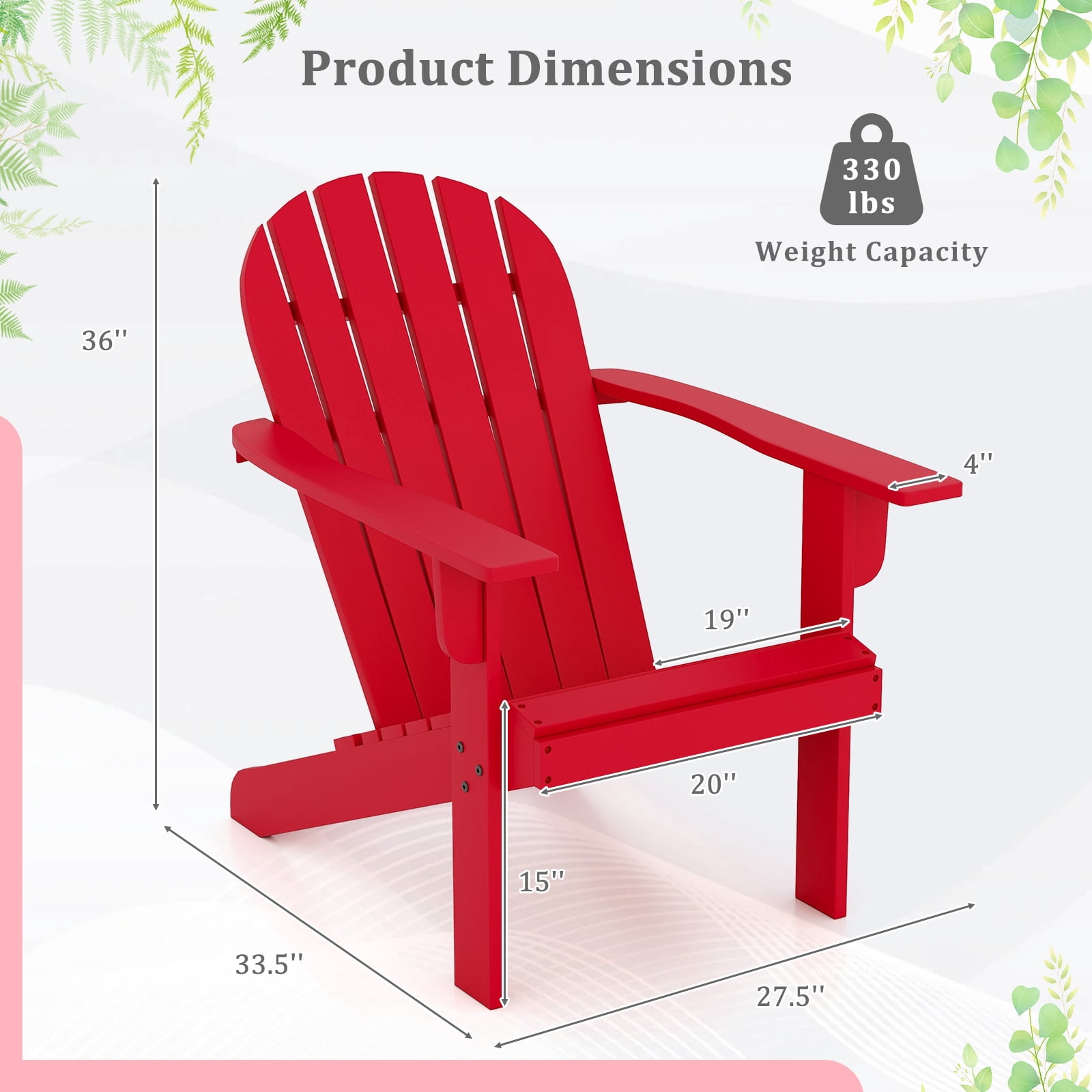 Gymax 2PCS Patio Adirondack Chair w/ Inclined Seat High Backrest & Wide Armrests Red