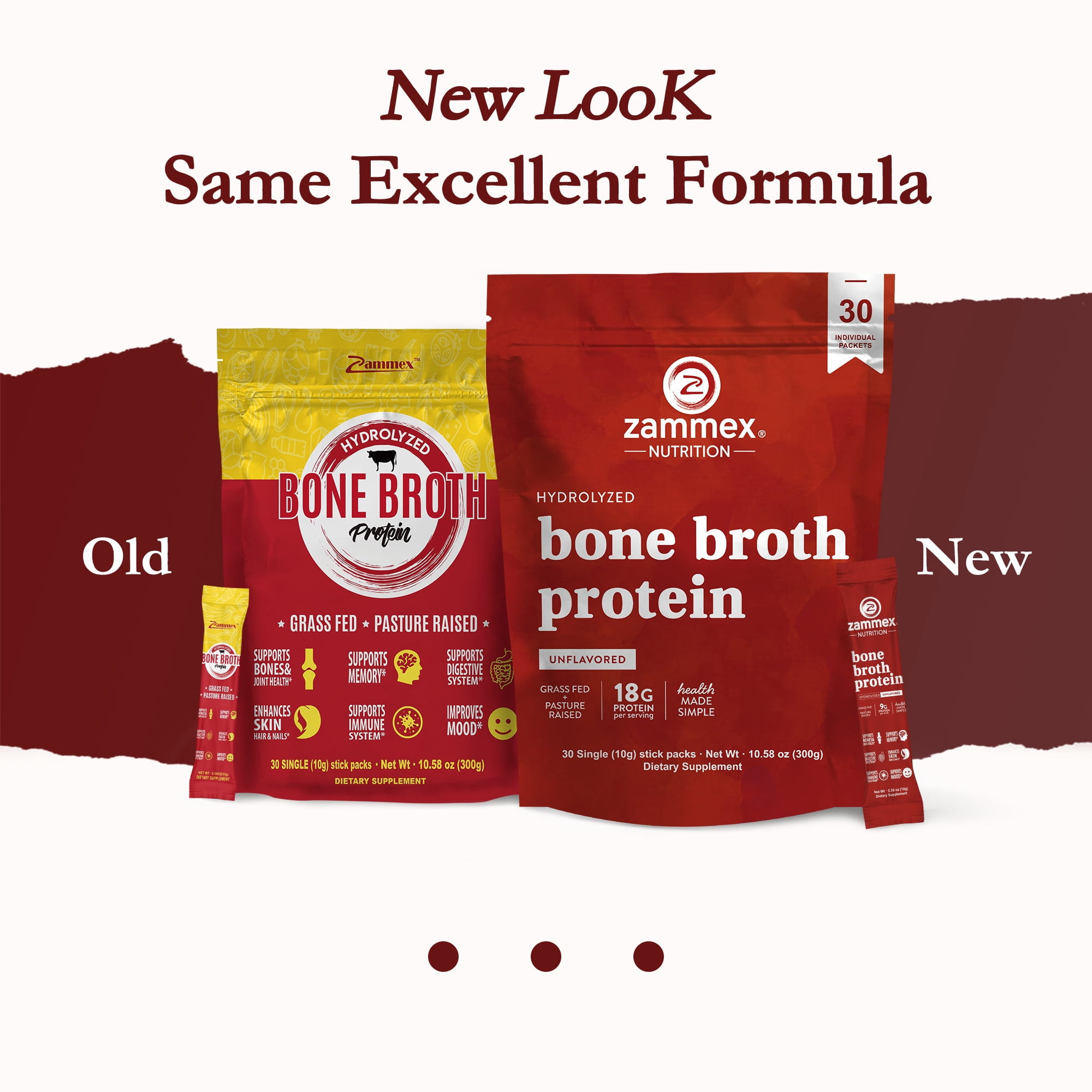 Zammex Bone Broth Protein Powder Travel Packets, Natural Flavor Grass Fed Beef Bone Broth, Hydrolyzed  collagen Type I & III, 30 packs
