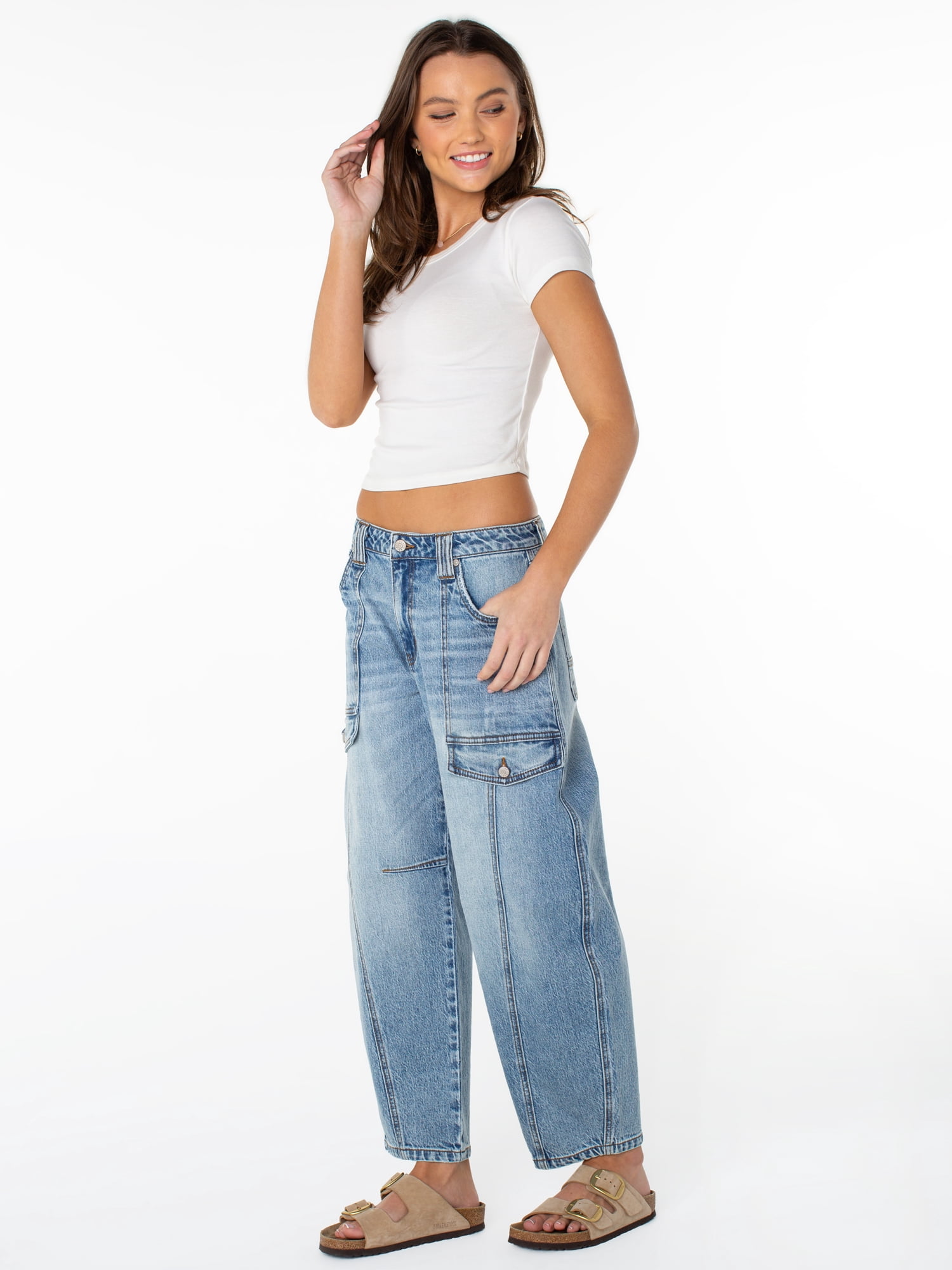 Celebrity Pink Women's Mid Rise Utility Barrel Jeans, Sizes 1-21