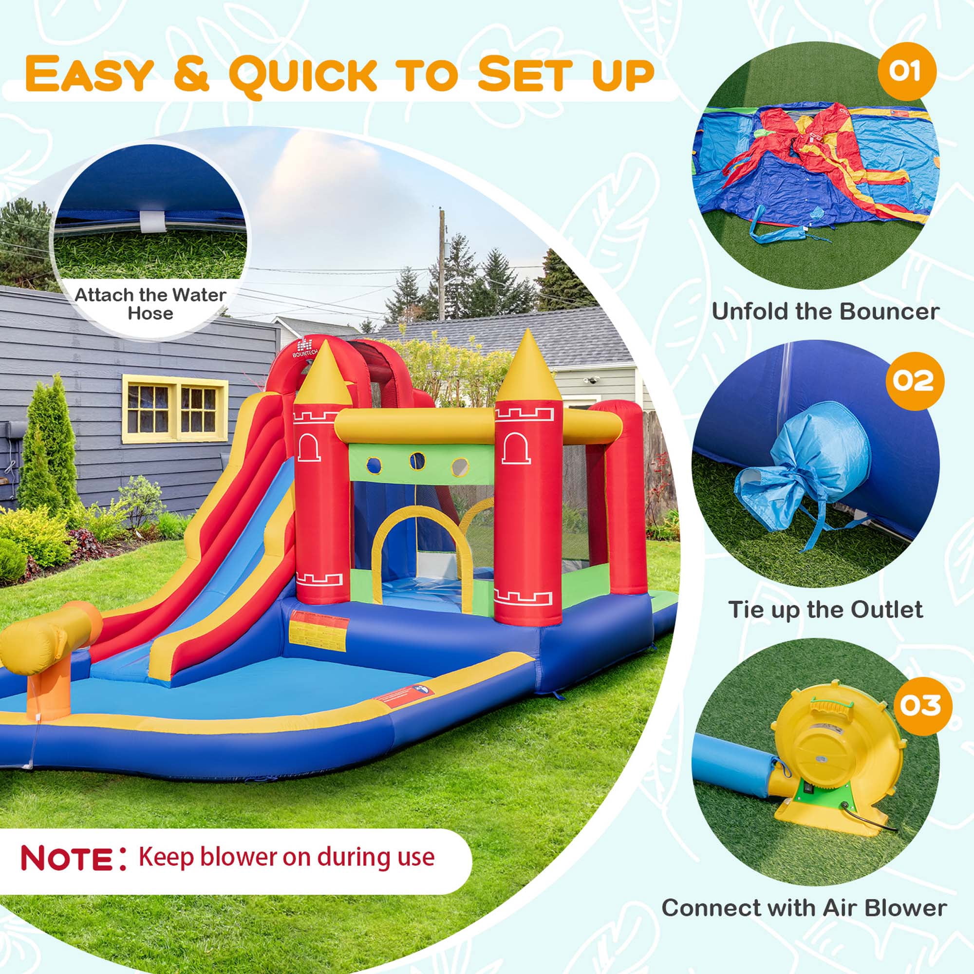 Costway 9-in-1 Inflatable Bounce Castle with Waterslide Splash Pool for 3+ with 735W Blower