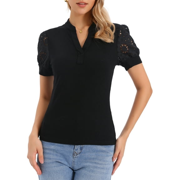 INSPIRE CHIC Knit Top for Women's Vintage V Neck Crochet Sleeve Casual Pullover Top XS Black