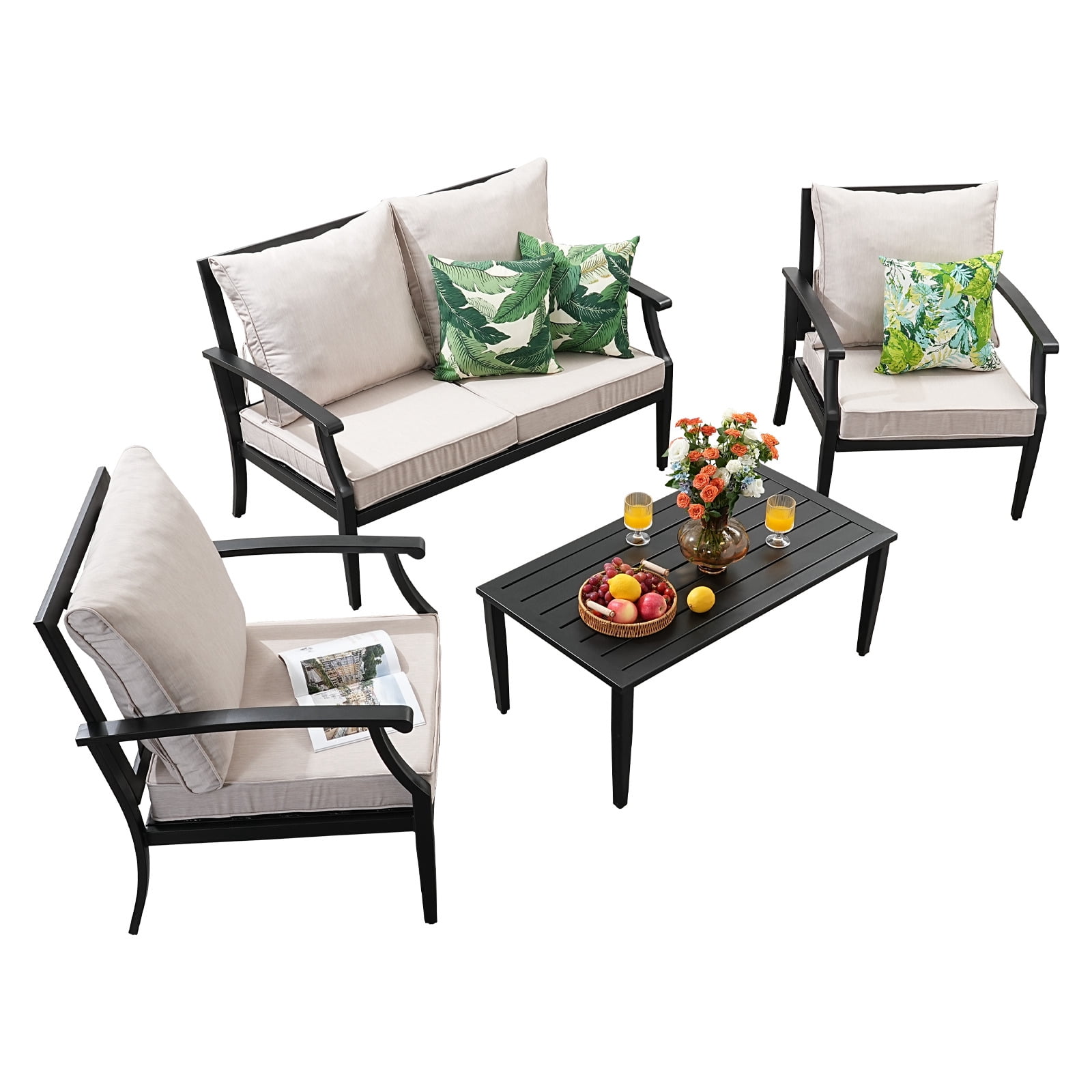 TerraRelax 4 Piece Outdoor Patio Furniture Set, Oversized Metal Conversation Set with High Back & Deep Seating, Water-Repellent Cushions, Coffee Table for Porch, Deck, Backyard, Beige