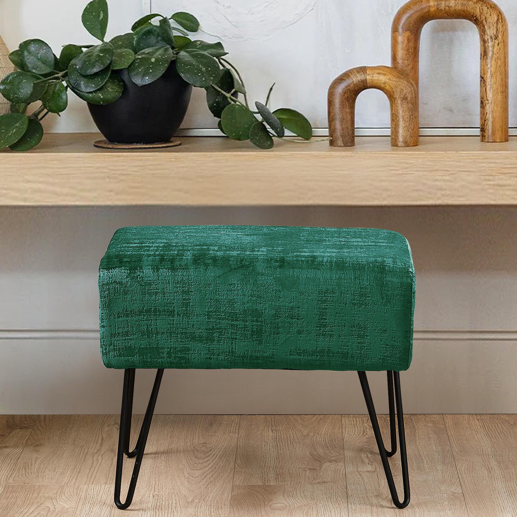 Home Soft Things Textured Velvet Ottoman Stool Chair, Upholstered Footrest with Black Metal Legs, Eden, 19" x 13" x 17"