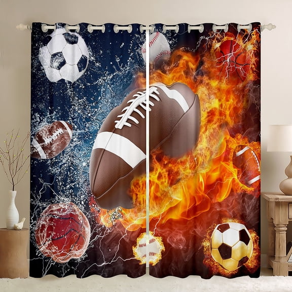 Homewish Gamer Football Basketball Soccer Boy Black Out Curtains,Sport Theme Curtains Pack of 2 (42x63 Each),Abstract Lightning Bedroom Curtains,Super Cozy Room Decor