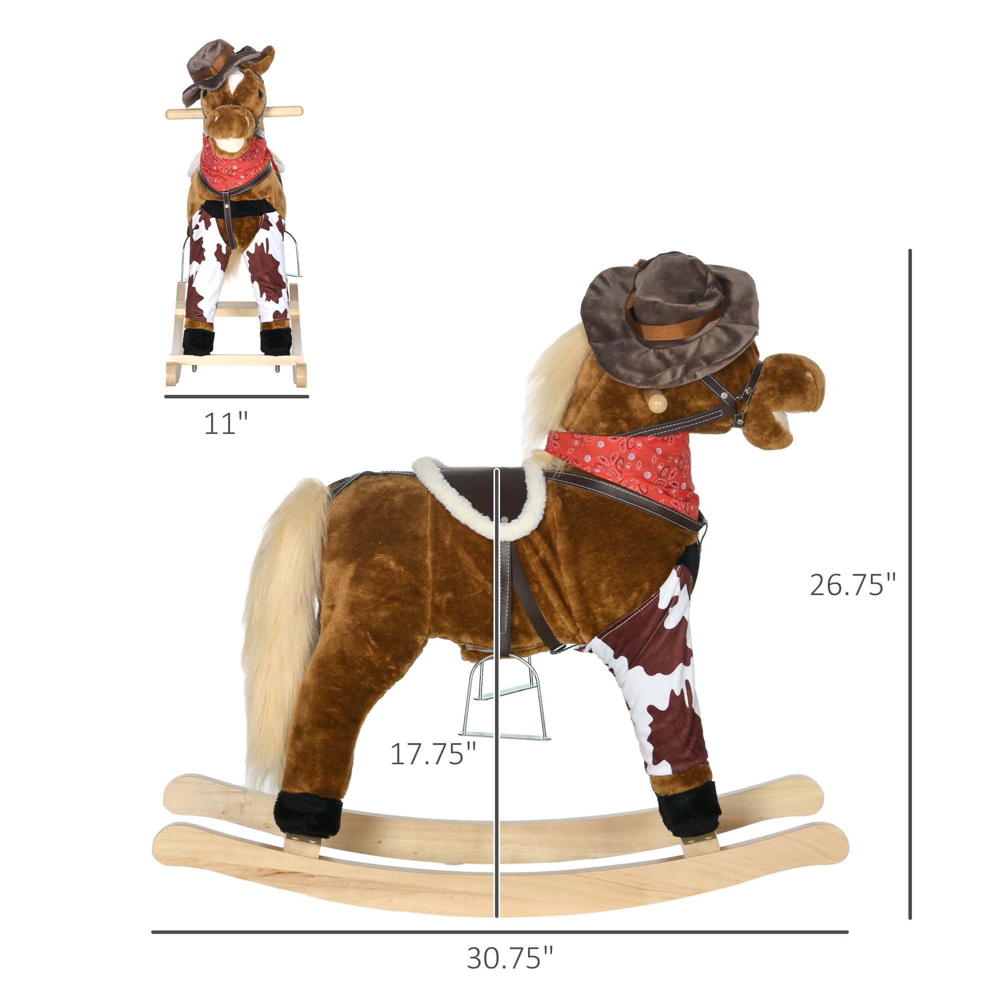 Qaba Baby Rocking Horse,Large Riding Horse,Plush Animal Rocker with Realistic Sound,Saddle,Toy for Boy Girl Ages 3-8 Years Old,Brown,Brown Plush Toys Kids Bikes Riding Toys
