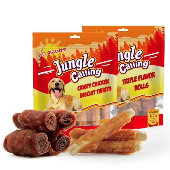 Jungle Calling Dog Treats Variety Pack | Triple Flavor Rolls (4.2 oz) Chicken Wrapped Biscuits (5 oz) | Training Rewards
