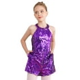 thumbnail image 3 of inhzoy Kids Girls Shiny Sequins Ballet Jazz Latin Dance Romper Jumpsuit Halter Neck Stage Performance Costume,Sizes 6-14 Purple 6, 3 of 8