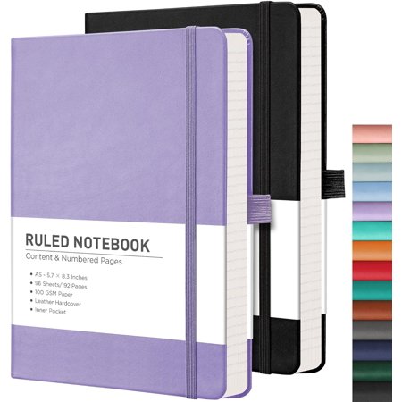 Lined Journal Notebook 2-Pack 192 Numbered Pages per Pack A5 Medium Size (5.7 x 8.3 ) for Men & Women Writing Work Leather Hardcover 100 GSM Thick Paper (Black & Purple)