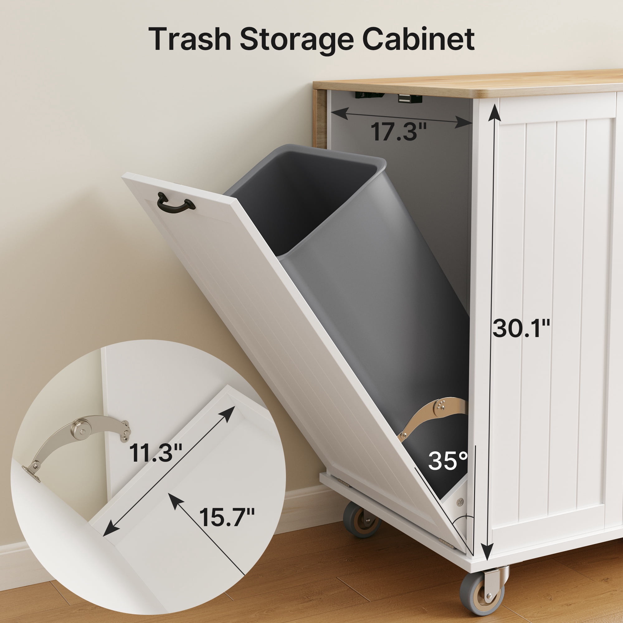 Noelse Large Kitchen Island Cart with Trash Can Storage, Rolling Kitchen Island on Wheels with Drop Leaf, White