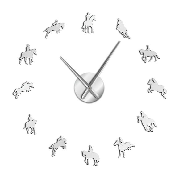 Pegatinas de reloj de pared, reloj de pared con espejo silencioso 3D moderno sin marco para decorar el hogar y la oficina, con diseño de caballo. Plata