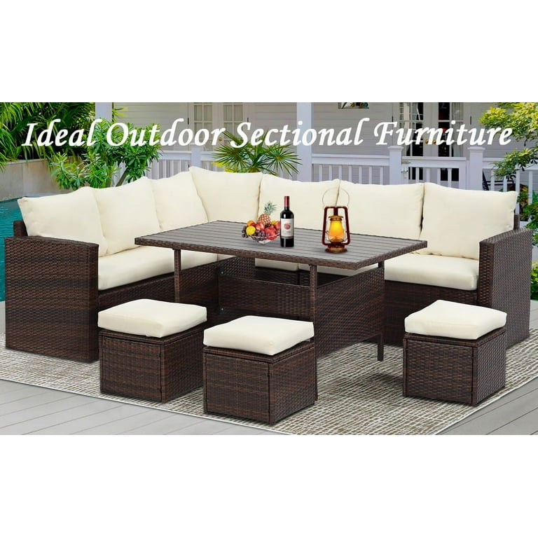 Peach tree 7 pcs outdoor patio pe rattan wicker sofa sectional top furniture set with 2 pillows and tea table