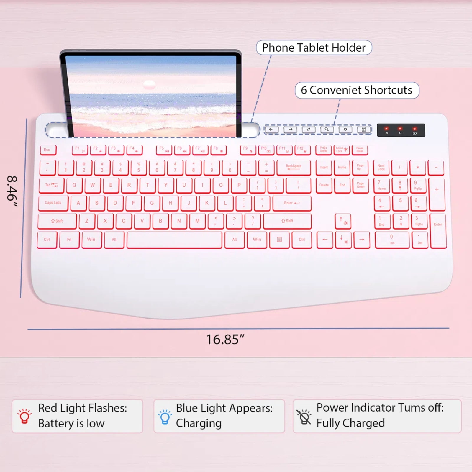 Wagpak Wireless Keyboard 7 Color Backlit Wrist Rest Rechargeable 112 Keys Quiet Keyboard-White