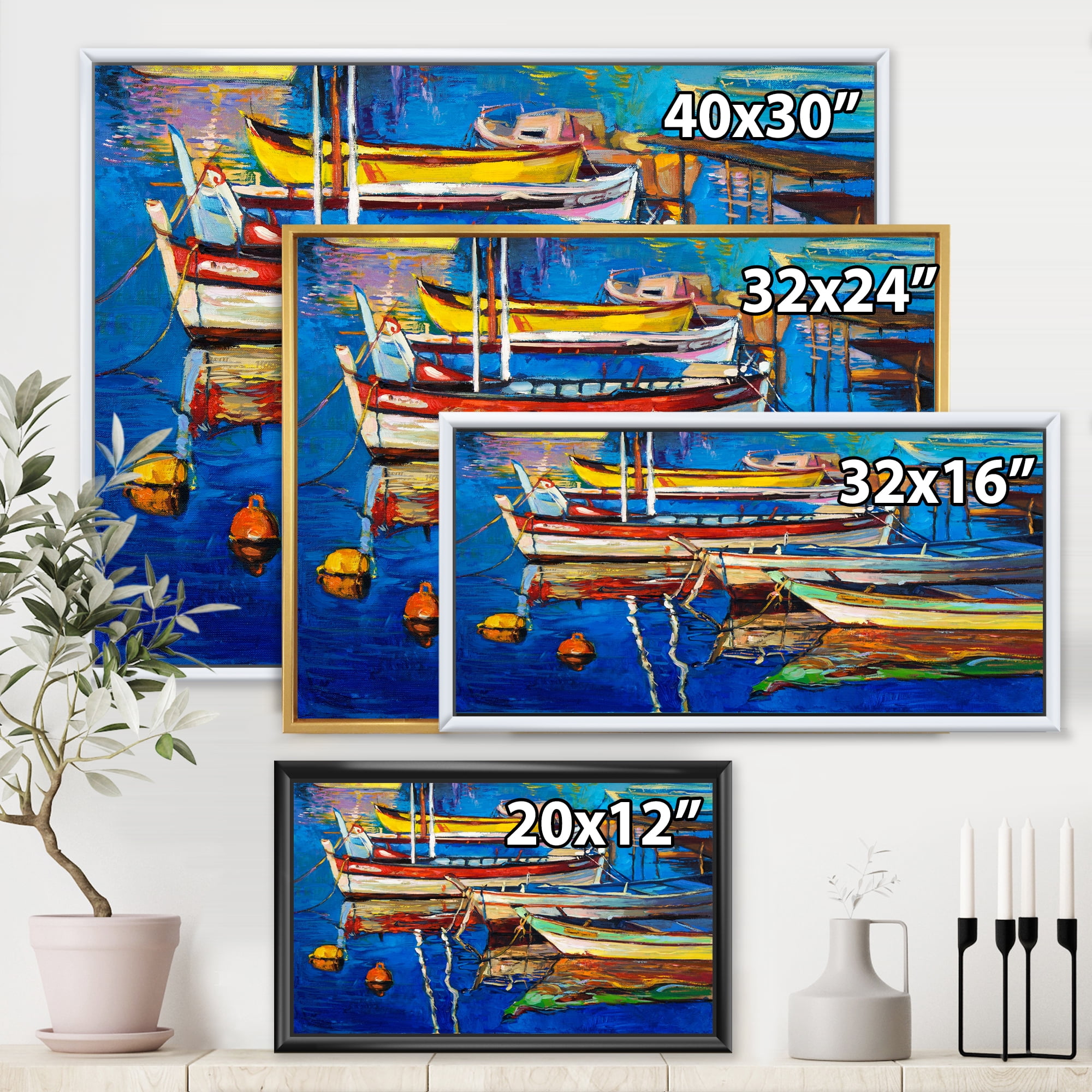 Designart 'Boats Near Coastal Town Resting On The Water II' Nautical & Coastal Framed Canvas Wall Art Print