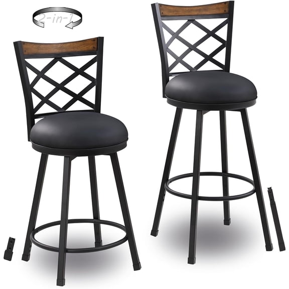 Swivel Bar Stools, (2-in-1) 24"/29" Adjustable Seat Height Bar Stools with Back, Bar stools for Kitchen Island,Pub, 360 Degree Round Seat with Metal Base, Black PU Leather-Metal Frame, 518PBK