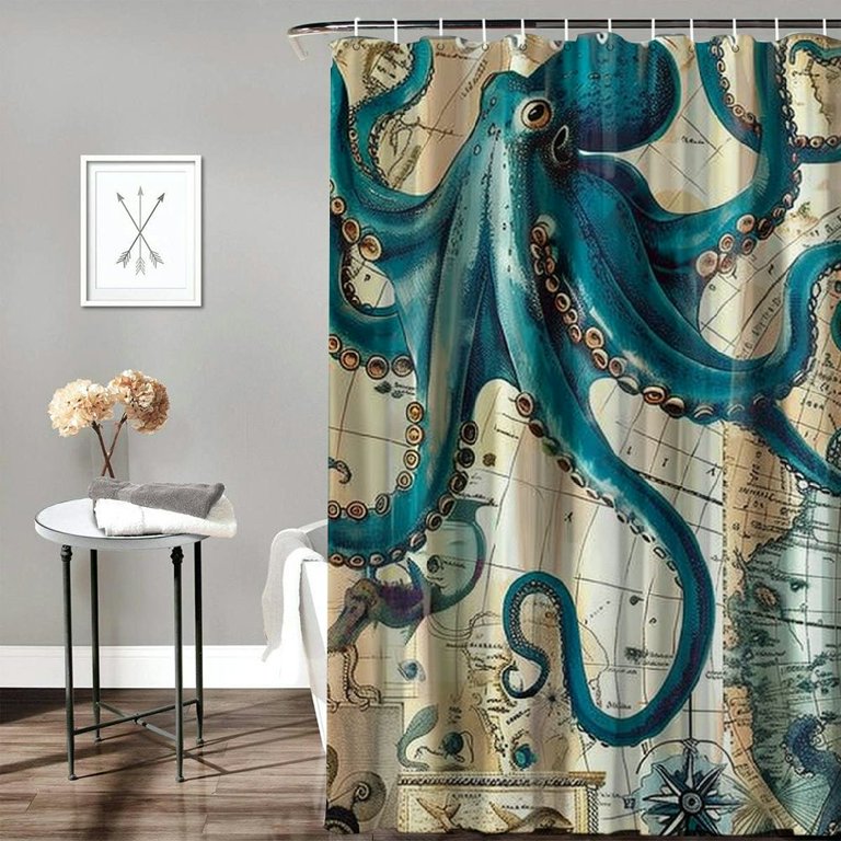 Jellyfish Ocean Shower Curtain With Snap-in Liner - Hookless, 71x84 Inches, Top Window