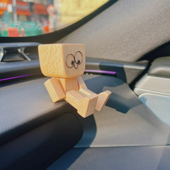Shaking Wooden Man Figurine for Car Dashboard Decorations, 2025 Handmade Charming Little Wooden Figure That Sways, 12 Magnetic Expressions, Shaking Feet Wooden Doll for Car