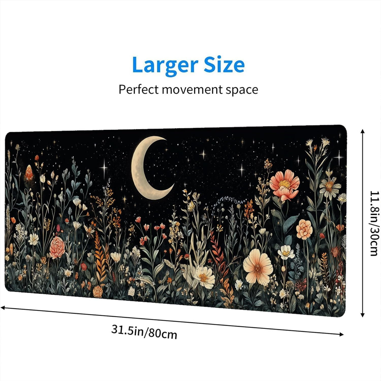 Cute Mystical Plants Desk Pad Whimsical Moon Stars Extended Gaming Mouse Mat with Stitched Edge Non-Slip Base - Big Office Computer Keyboard Laptop Home - 31.5"x11.8"