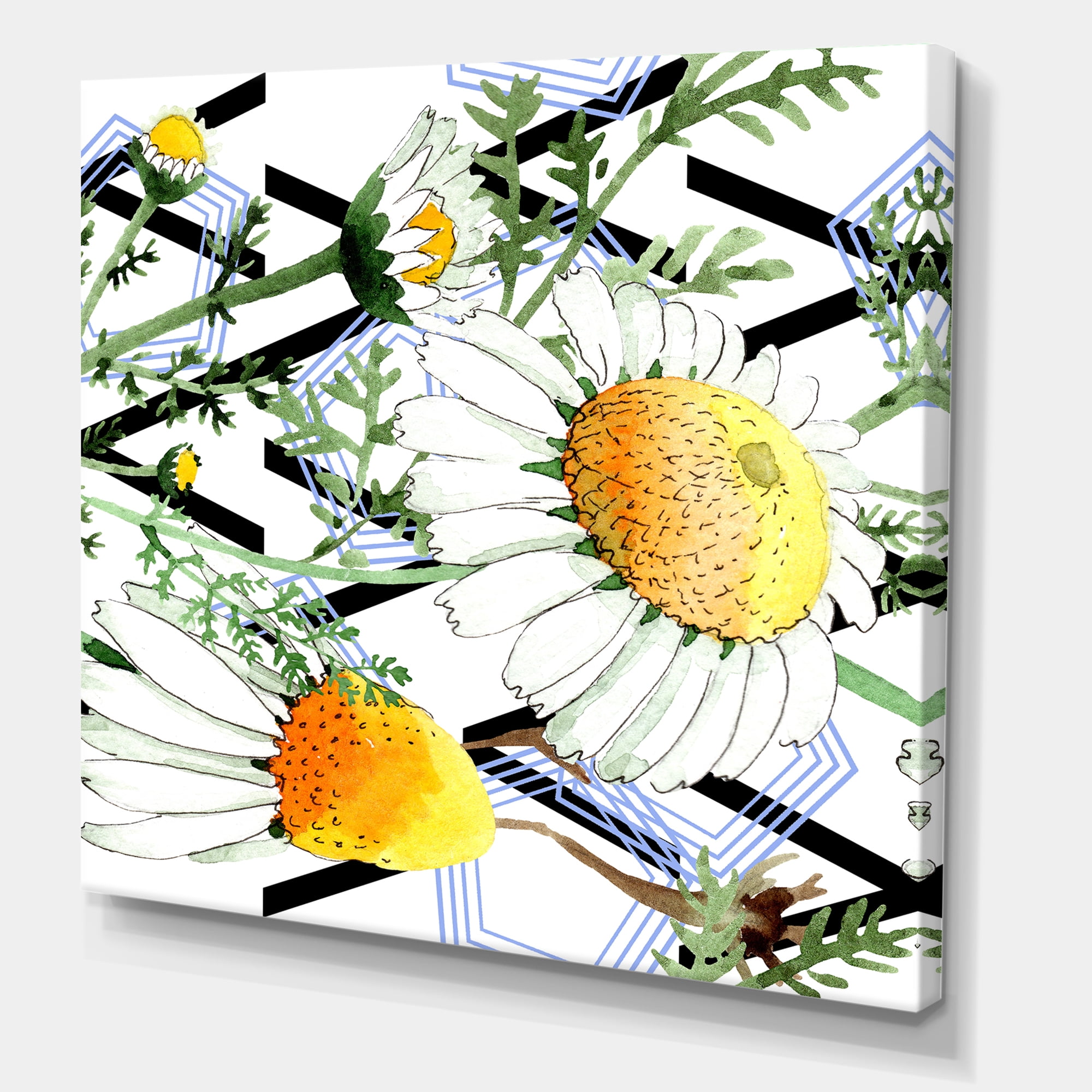 Designart ' Wild Spring Chamomile Flowers On Geometric Lines ' Traditional Canvas Wall Art Print