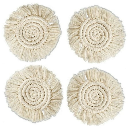

Handcrafted Macrame Coasters Set of 4 - Handmade Cotton Rope Woven Macrame Coaster with Tassel Boho Home Decoration