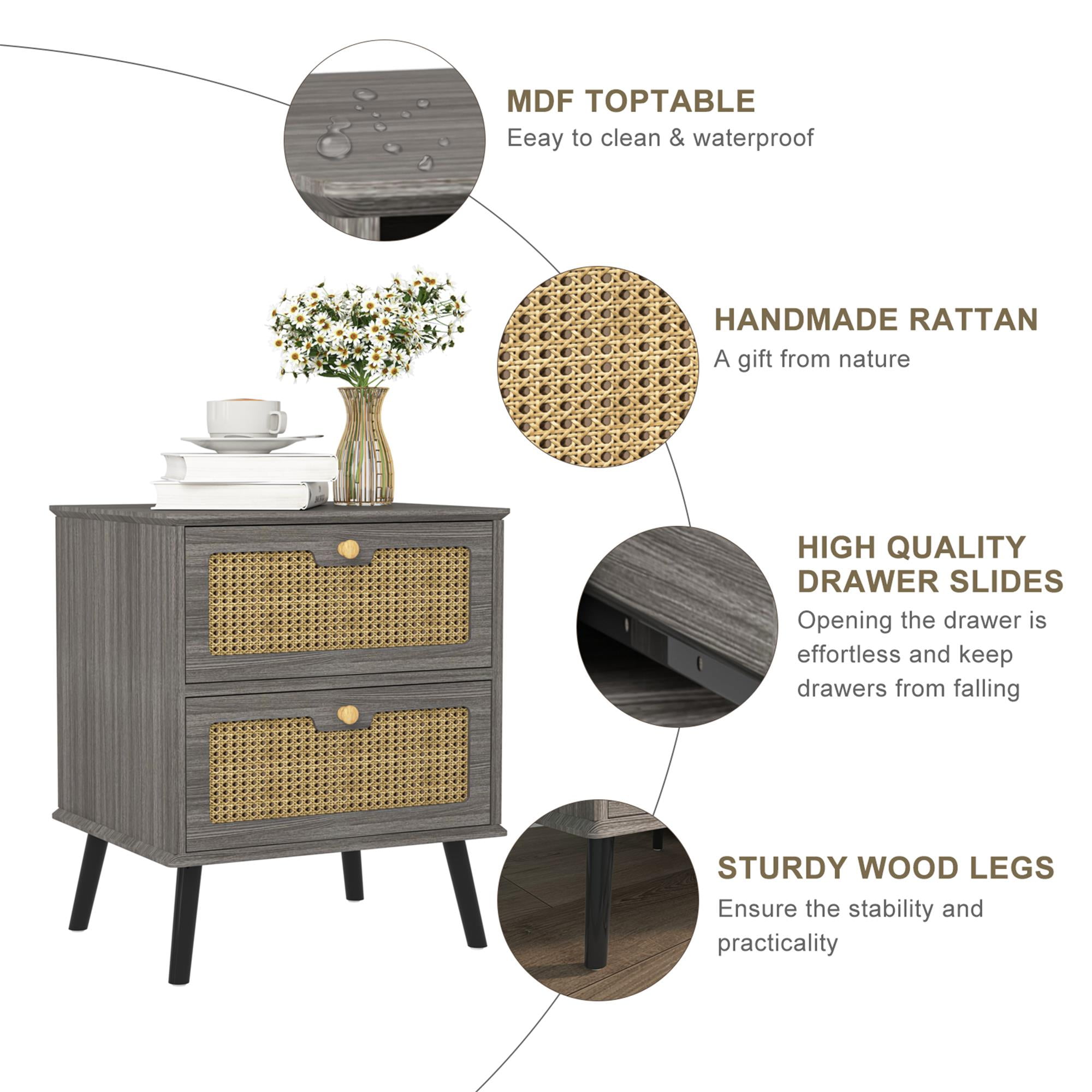 Finihen Nightstand, End Table, Side Table with 2 Hand Made Rattan Decorated Drawers, Wood Accent Table with Storage for Bedroom, Gray Finihen Nightstand, End Table, Side Table with 2 Hand Made Rattan Decorated Drawers, Wood Accent Table with Storage for Bedroom, Gray