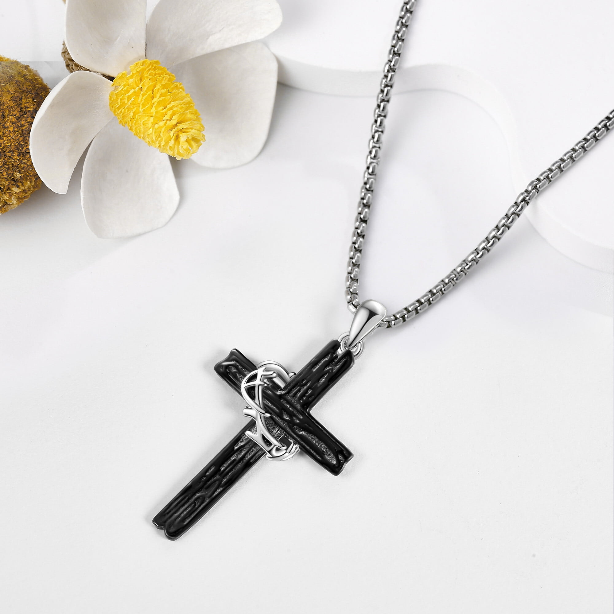 Black Cross Necklace Sterling Silver Jesus Thorn Crown Cross Necklace for Men Catholic Jewelry Gift for Father Brother Boyfriend Son