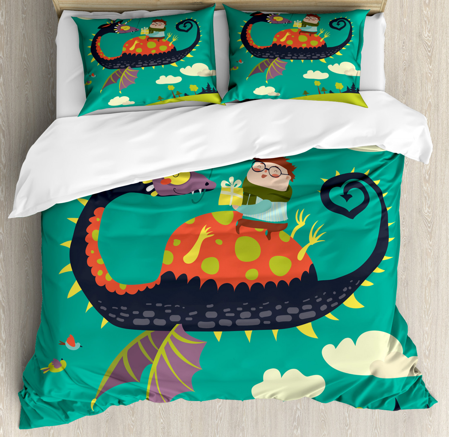Kids Boys Queen Size Duvet Cover Set, Fantasy Theme Little Boy Riding a Dragon with Heart Shaped Tail over the Hills, Decorative 3 Piece Bedding Set with 2 Pillow Shams, Multicolor, by Ambesonne - image 1 of 3