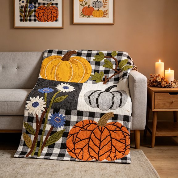 Autumn Pumpkin Plaid Throw Blanket, Thanksgiving Floral Patchwork Lightweight Warm Blanket for Sofa, Bed, Camping, Travel and Rustic Fall Indoor Living Room Home Decoration