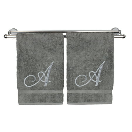 Monogrammed Turkish Beach Towels Monogrammed Washcloth Towel, Personalized Gift, 13x13 Inches - Set of 2 - Silver Script Embroidered Towel - Extra Absorbent 100% Turkish Cotton - Soft Terry Finish - Initial A Gray ()