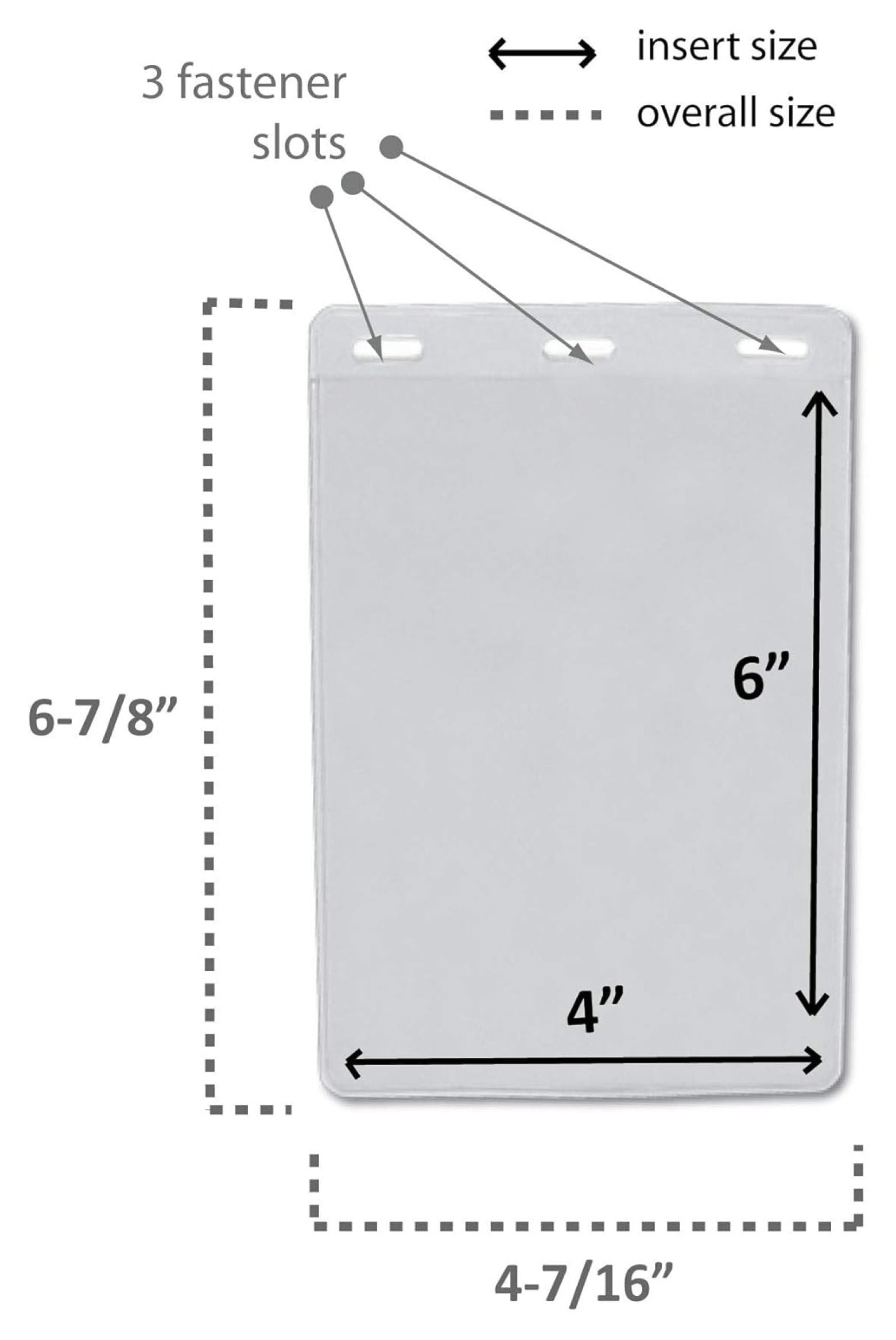 100pcs - 6" X 4" Vertical 3 Fastener Slots Clear Vinyl Ticket Holder Name Badges - fit Insert 6" H x 4" W, Transparent Clear Holder