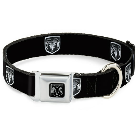 Ram Pet Collar, Dog Collar Metal Seatbelt Buckle, Ram Black Silver Logo Repeat, 15 to 24 Inches 1.0 Inch Wide