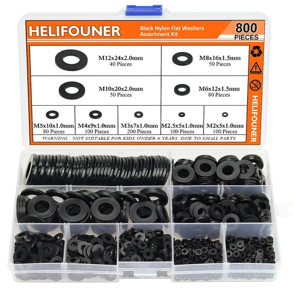 Helifouner 800 Pieces 9 Sizes Black Nylon Flat Washers Assortment Kit - M2 M2.5 M3 M4 M5 M6 M8 M10 M12 (Not Rubber Washer)