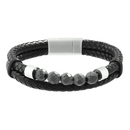 Double Braided Leather - Mens Black Double Braided Leather Beaded Bracelet in Stainless Steel