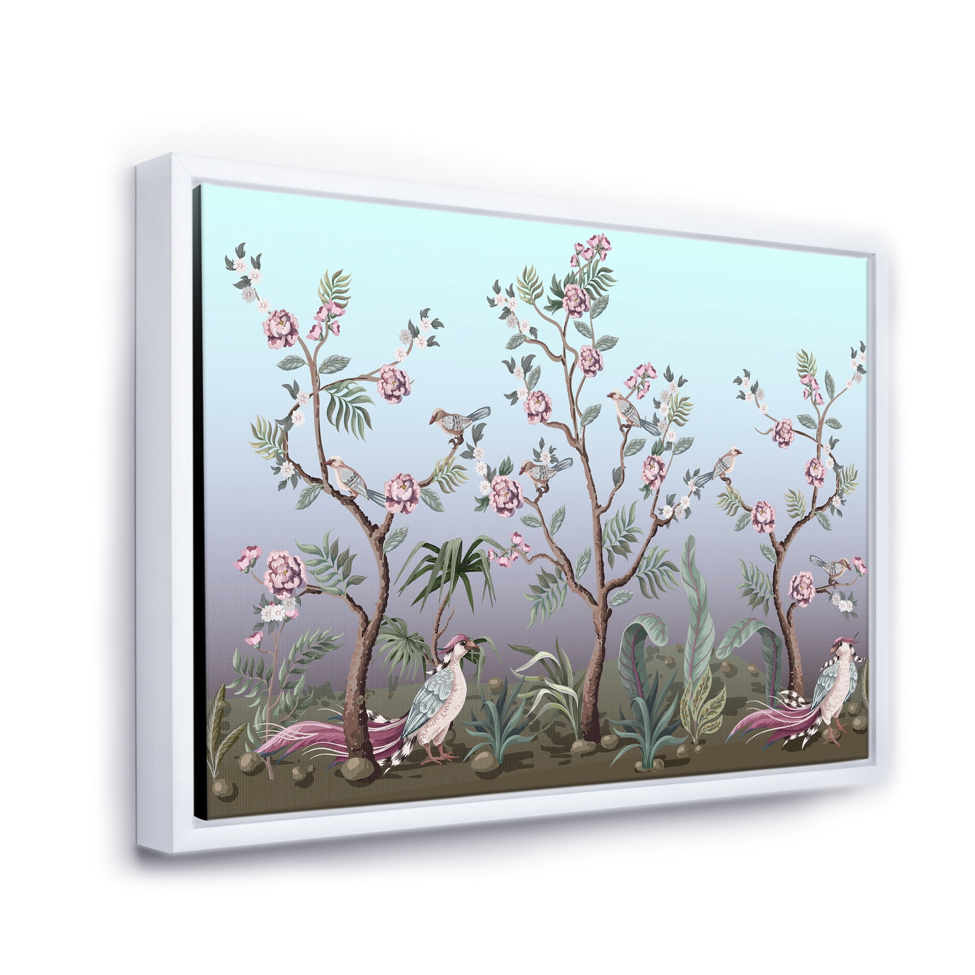 Designart 'Chinoiserie With Peonies and Birds II' Traditional Framed Canvas Wall Art Print