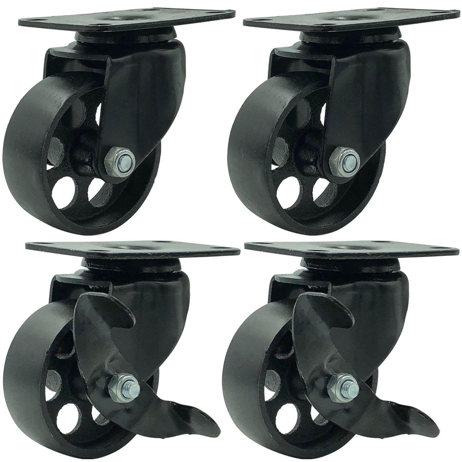 4 All Black Metal Swivel Plate Caster Wheels with Brake Lock (3" Combo