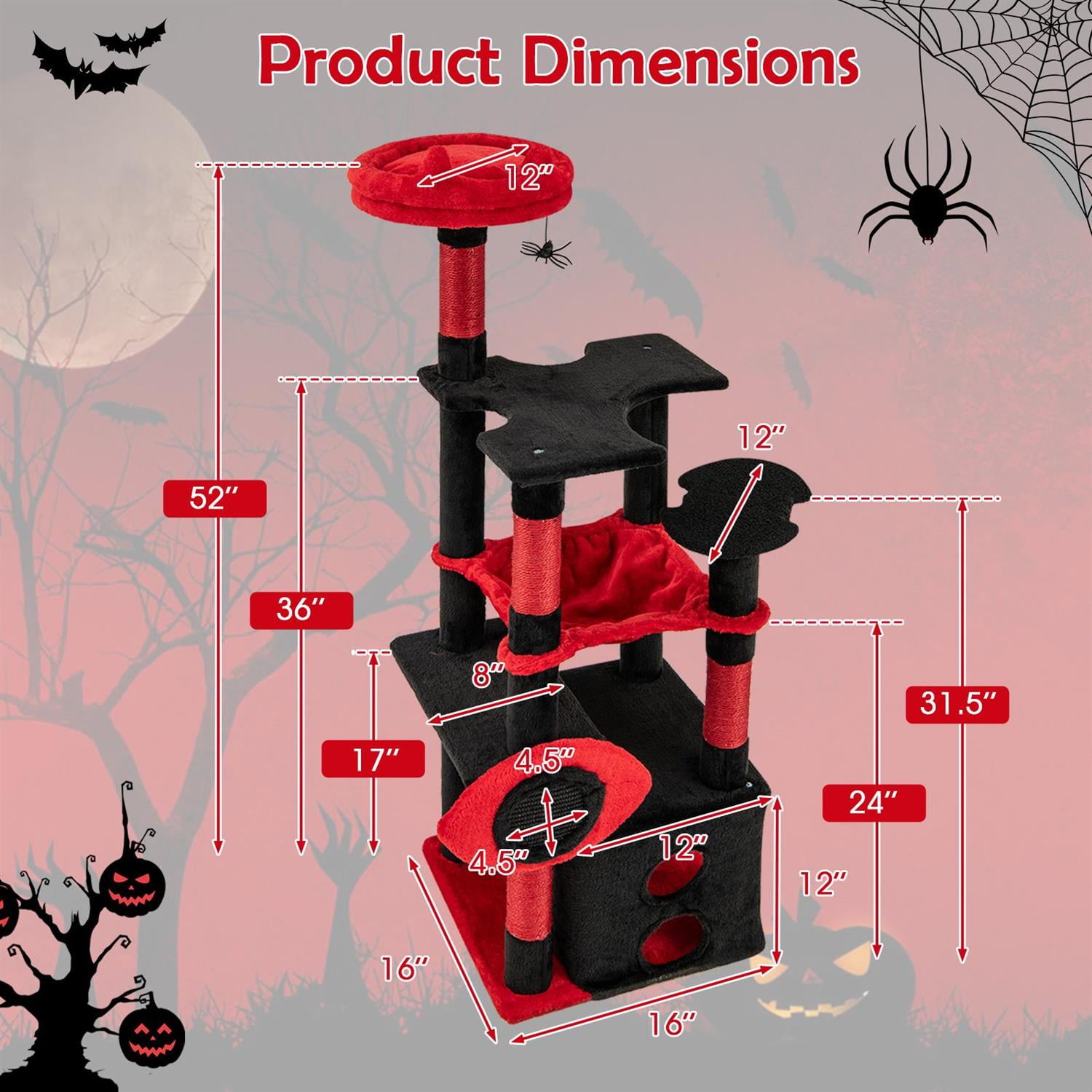 Pefilos Gothic Cat Tree, Plush Perch & Spider Dangling Toy, Condo & Sisal Scratching Posts, Black & Red