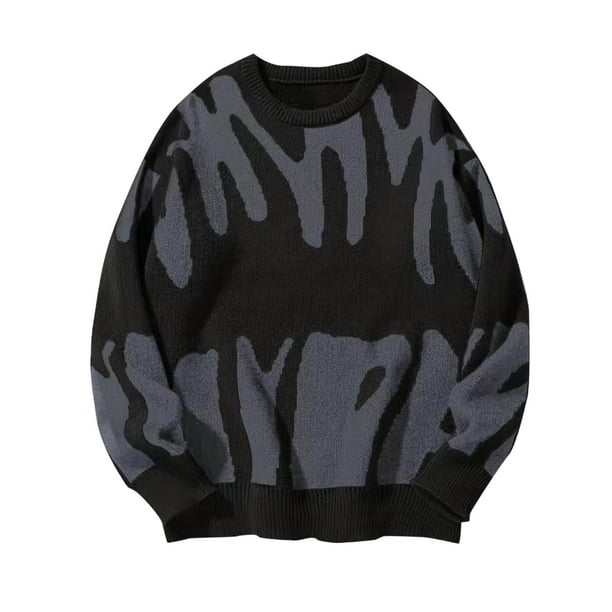 Ceisia Men's Abstract Jacquard Crew Neck Sweater for Retro Streetwear & Casual Wear Black L Gifts