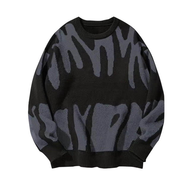 RKSTN Men's Sweater Unique Retro Knit Print Solid Color Long Sleeve Crew Neck Versatile Relaxed Fit Knit Simple Comfortable Pullover Sweater Top Fall Winter Style