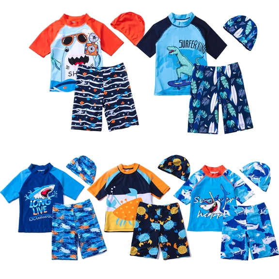 Emy Dola Boys Two Piece Rash Guard Swimsuits Kids Short Sleeve Sunsuit Shark Prints Swimwear Sets Toddler Bathing Suit with Sun Hat